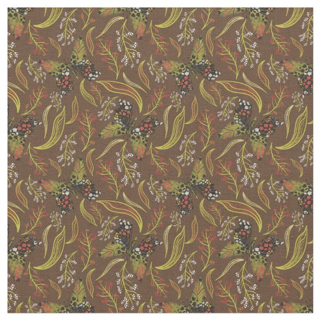 Boho Butterfly Brown Floral Pattern Fabric (Close Up)
