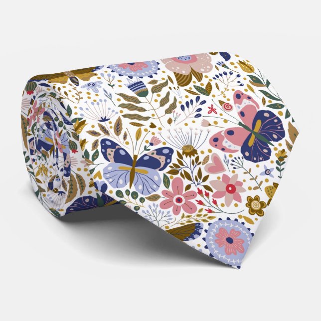 Boho Butterfly Colourful Wildflower Pattern Tie (Rolled)
