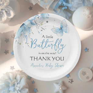 Boho Butterfly Floral Blue Boy Baby Shower Paper Plate