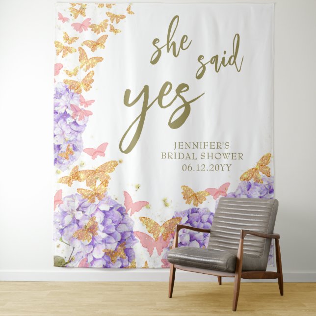 Boho Butterfly Garden Yes Bridal Shower Backdrop Tapestry (In Situ)