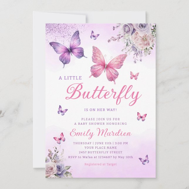 Boho Butterfly girl Baby Shower Purple Floral Pink Invitation (Front)