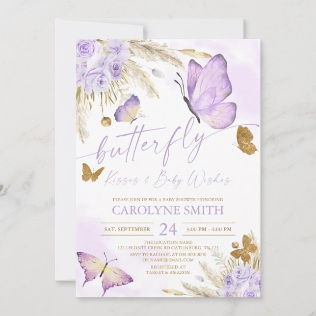 Boho Butterfly Kisses Baby Shower Invitation (Front)