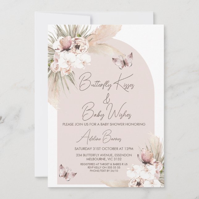 Boho Butterfly Kisses Baby Wishes Baby Shower Invitation (Front)