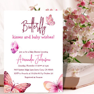 Boho Butterfly Kisses Pink Girl Baby Shower Invitation