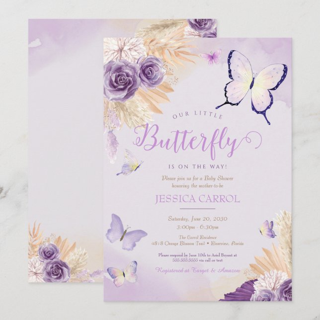 Boho Butterfly Lavender Purple Floral Baby Shower Invitation (Front/Back)