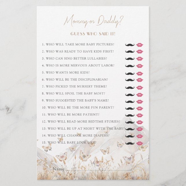 Boho Butterfly Mummy or Daddy Baby Shower Game (Front)