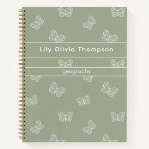 Boho Butterfly Pattern School Girl Name Sage Green Notebook