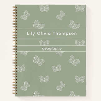 Boho Butterfly Pattern School Girl Name Sage Green Notebook