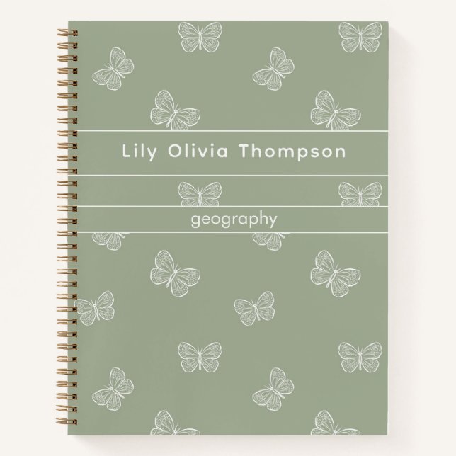 Boho Butterfly Pattern School Girl Name Sage Green Notebook (Front)