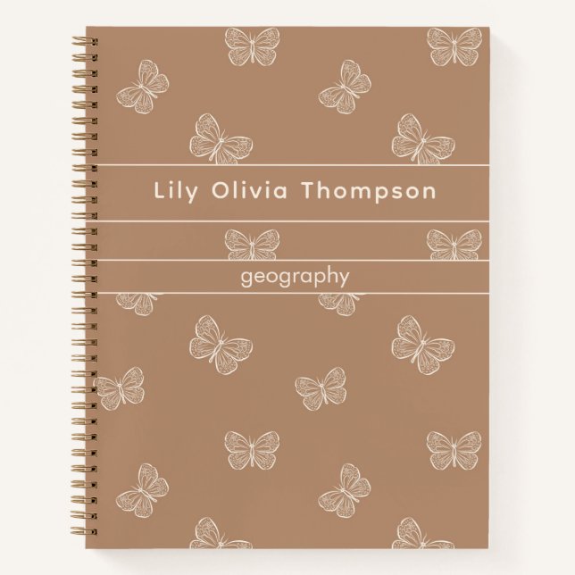 Boho Butterfly Pattern School Girls Name Tan Brown Notebook (Front)