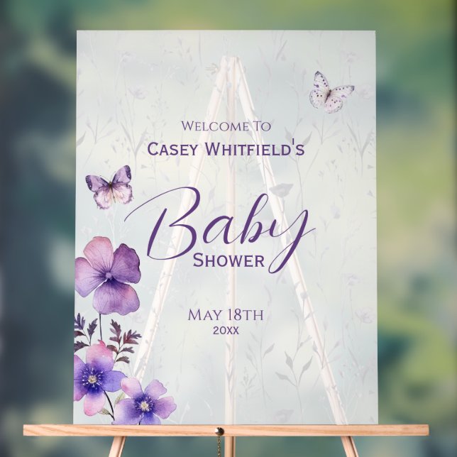 Boho Butterfly Purple Floral Baby Shower Welcome Acrylic Sign (Neutral)