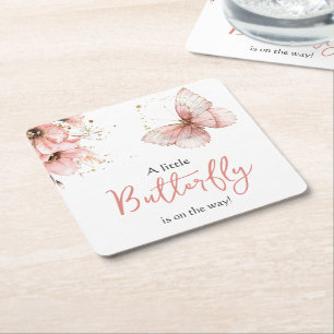 Boho Butterfly Wildflower Floral Girl Baby Shower Square Paper Coaster