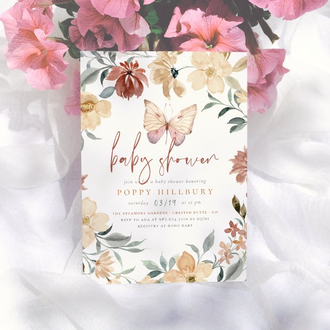 Boho Butterfly Wildflower Garden Girl Baby Shower Invitation (Creator Uploaded)