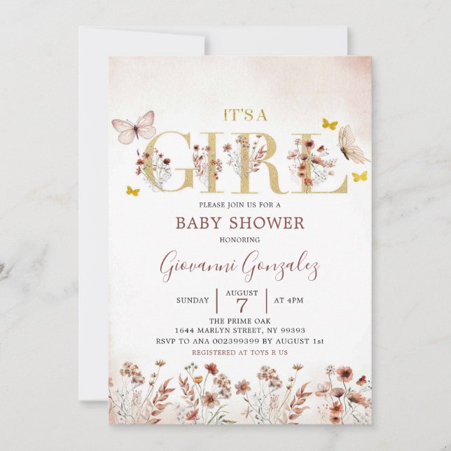 Boho Butterfly Wildflower Girl Baby Shower Invitation (Front)
