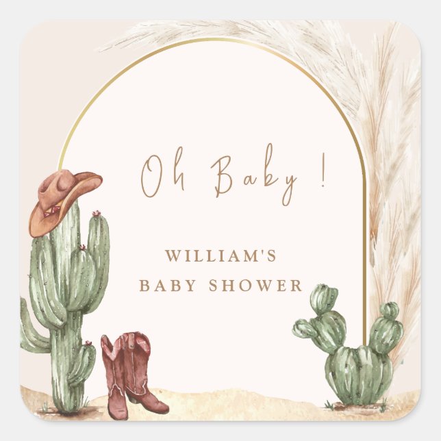 Boho Cactus Arch Desert Cowboy Baby Shower  Square Sticker (Front)