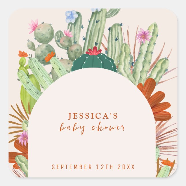 Boho Cactus Arch Desert Pampas Baby Shower  Square Sticker (Front)