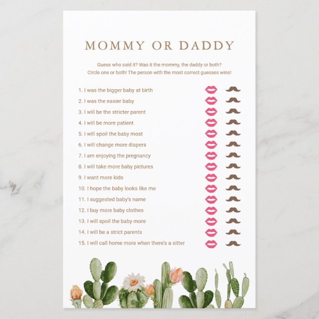 Boho Cactus Baby Shower Mummy or Daddy Game  (Front)