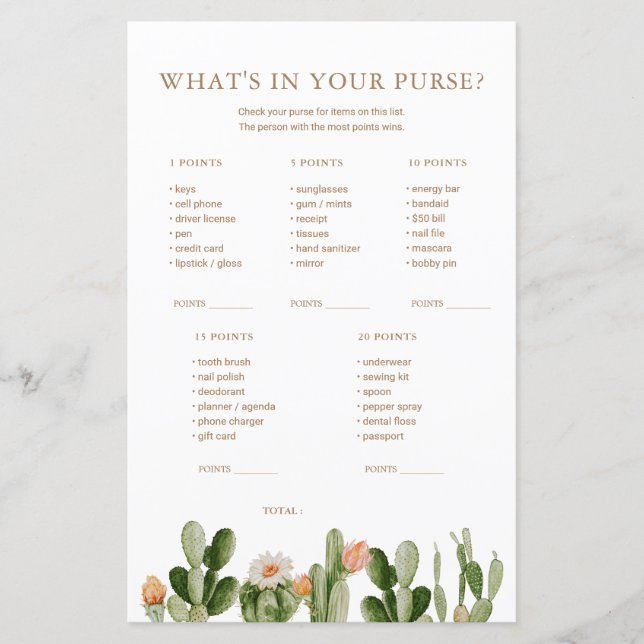 Boho Cactus Baby Shower What's In Your Purse (Front)