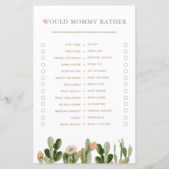 Boho Cactus Baby Shower Would Mummy Rather Game (Front)