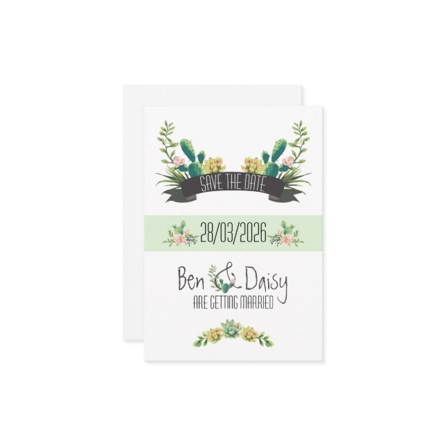 Boho Cactus Flat Save The Date Card (Front/Back In Situ)