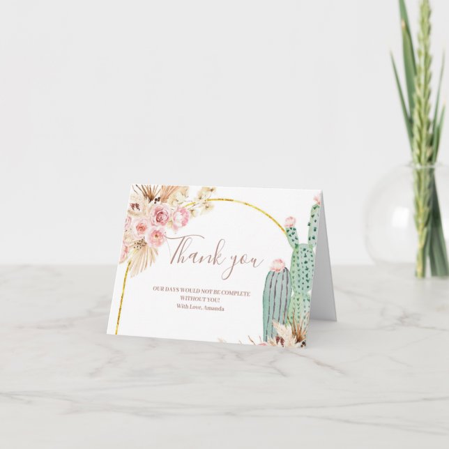 Boho Cactus Floral Bridal Shower Thank You card (Front)
