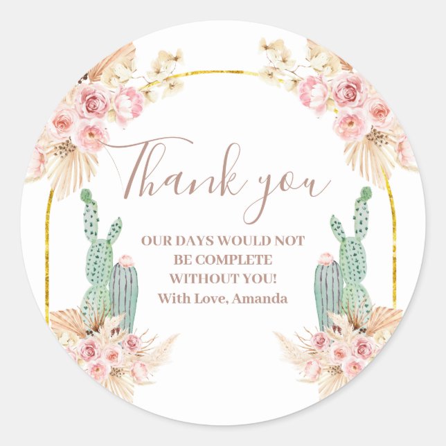Boho Cactus Floral Bridal Shower Thank You Sticker (Front)