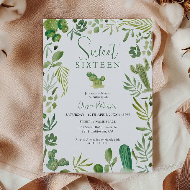 Boho cactus green tropical desert Sweet 16 Invitation (Boho cactus green tropical desert Sweet 16 Invitation)