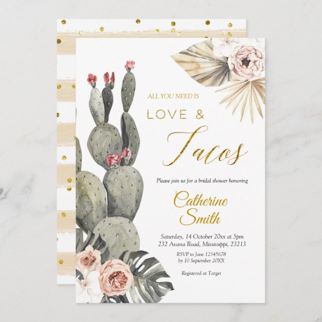 Boho Cactus Love and Tacos Bridal Shower Invitatio Invitation (Front/Back)