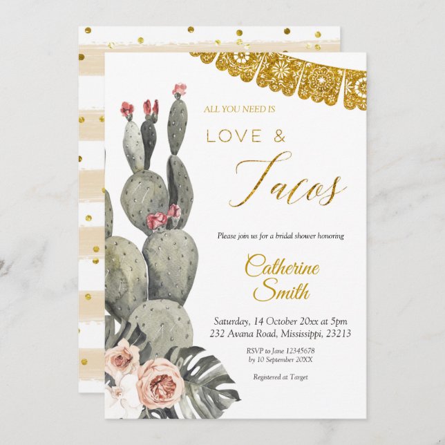 Boho Cactus Love and Tacos Bridal Shower Invitation (Front/Back)