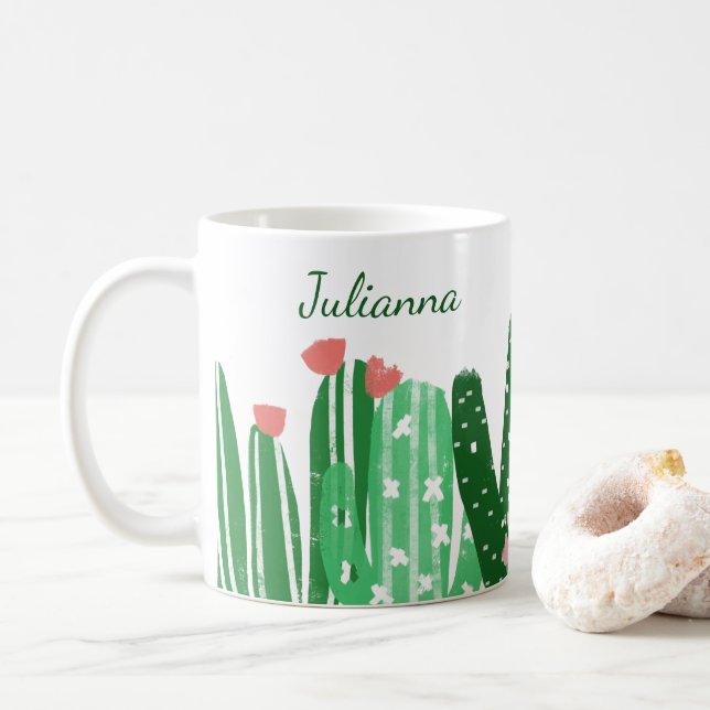 Boho Cactus Painting in Green Personalised Coffee Mug (With Donut)