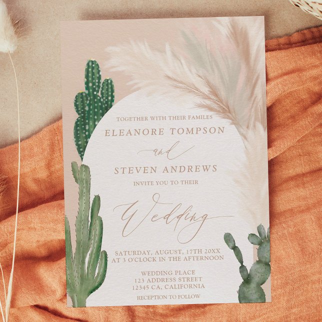 Boho cactus pampas arch beige earth tone wedding invitation (Boho cactus pampas arch beige earth tone wedding invitation)