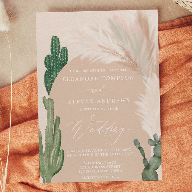 Boho cactus pampas arch beige earth tone wedding invitation (Boho cactus pampas arch beige earth tone wedding invitation)