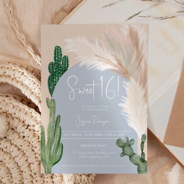 Boho cactus pampas arch blue earth tone Sweet 16 Invitation (Boho cactus pampas arch blue earth tone Sweet 16 Invitation)