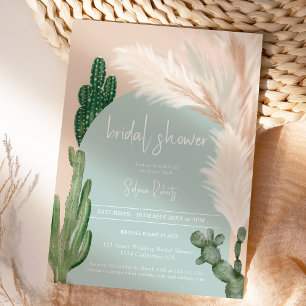 Boho cactus pampas arch green bridal shower invitation