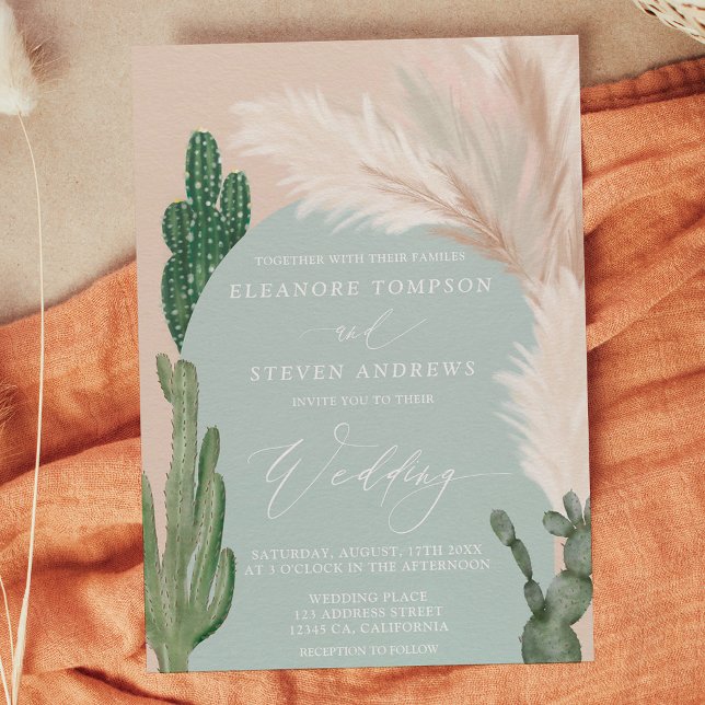 Boho cactus pampas arch green earth tone wedding invitation (Boho cactus pampas arch green earth tone wedding invitation)