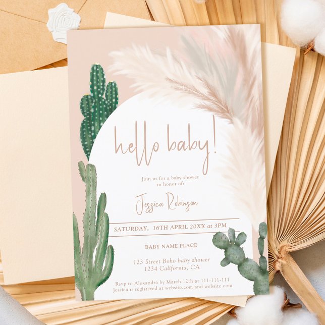 Boho cactus pampas arch hello baby shower invitation (Creator Uploaded)