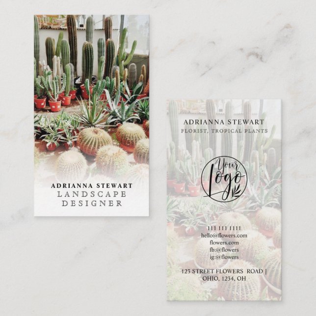 Boho cactus photo logo landscape designer business card (Front/Back)