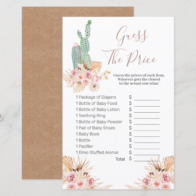 Boho Cactus Pink Floral Guess the price Game (Front/Back)