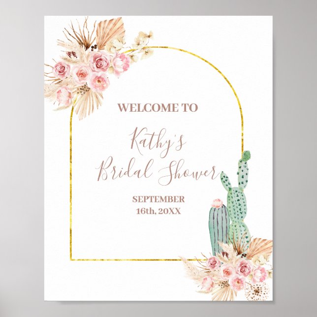 Boho Cactus Pink Flower Bridal Shower Welcome Sign (Front)