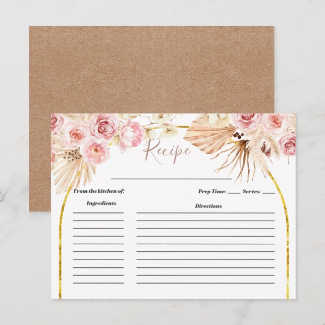 Boho Cactus Pink Flowers Bridal Shower Recipe card (Front/Back)