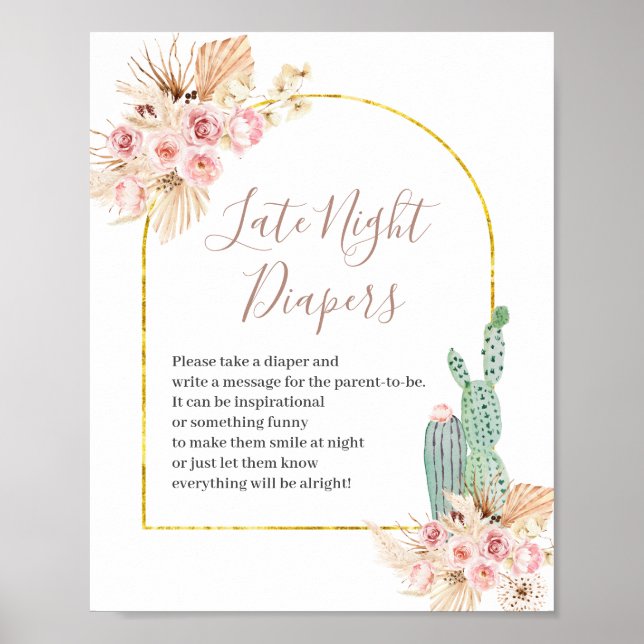 Boho Cactus Pink Flowers Late Night Diapers Sign (Front)