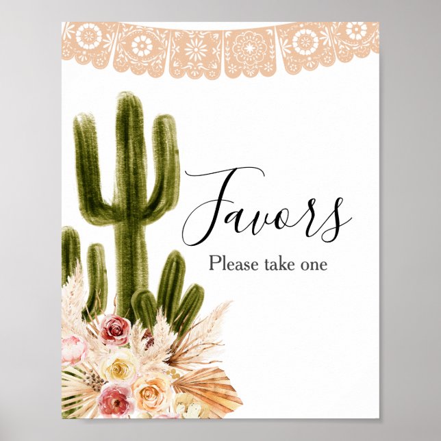 Boho Cactus Pink Flowers Pampas Grass Favour Sign (Front)