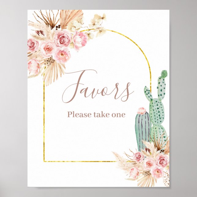 Boho Cactus Pink Flowers Pampas Grass Favour Sign (Front)