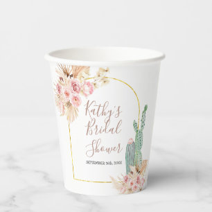 Boho Cactus Pink Flowers White Paper Cups