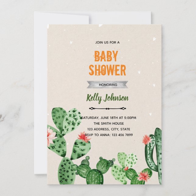 Boho cactus shower birthday invitation (Front)