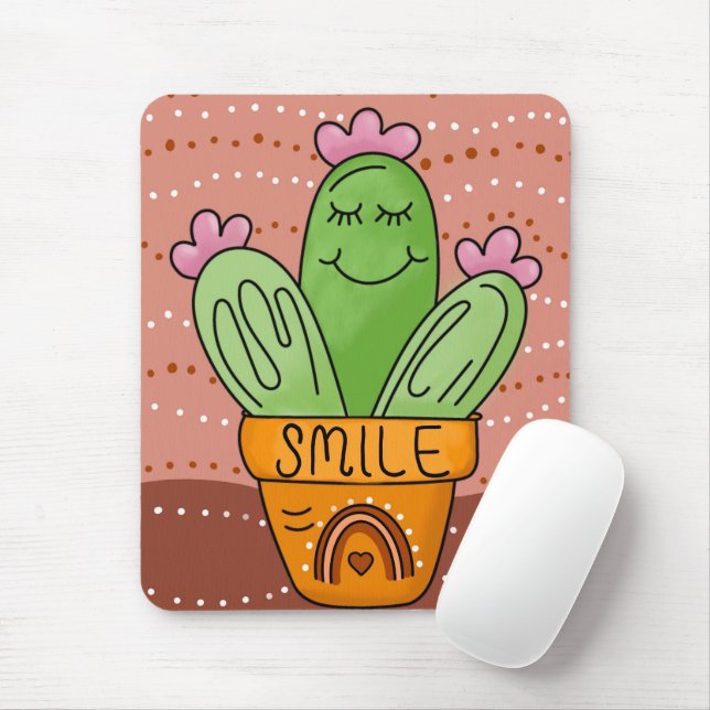 Boho Cactus Smile Cute Rainbow Mouse Mat (With Mouse)