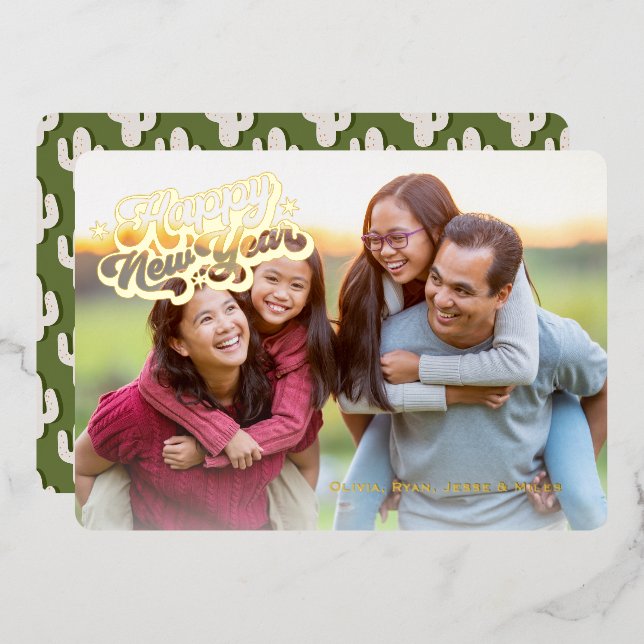 Boho Cactus Southwest Happy New Year 1 Photo Gold Foil Holiday Card (Front/Back)