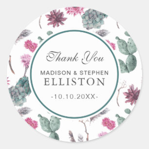 Boho Cactus, Succulent & Floral   Thank You Classic Round Sticker