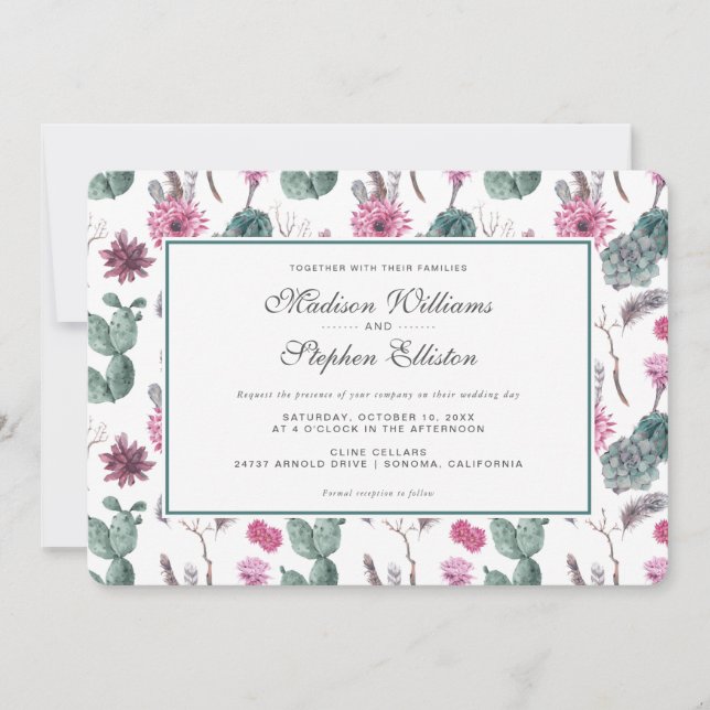 Boho Cactus, Succulent & Floral - Wedding Invitation (Front)