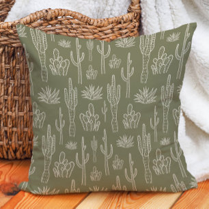 Boho Cactus Western Southern Neutral Moss Green Cushion